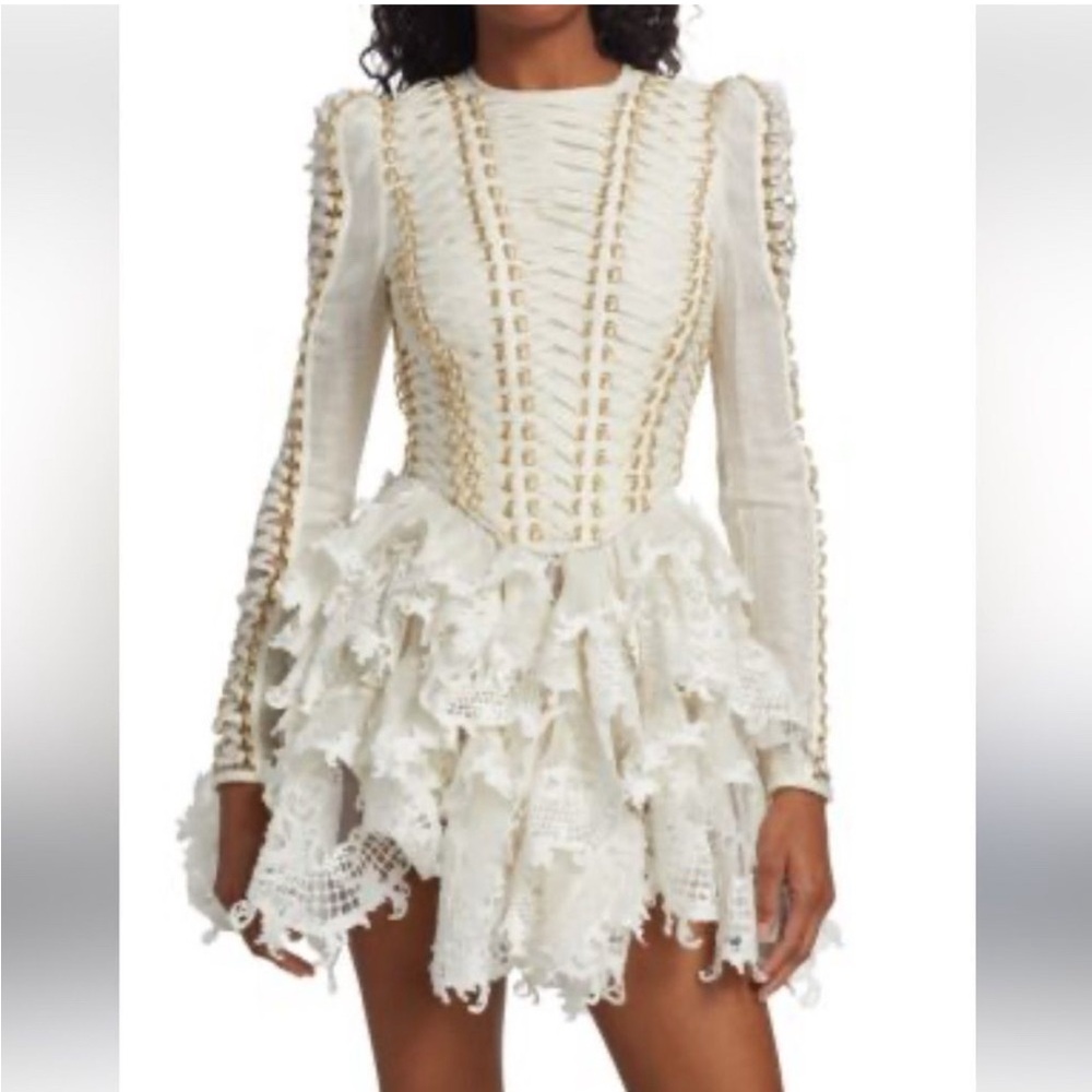ZIMMERMANN Ruffled lace-paneled embellished linen / silk-blend mini dress Ivory